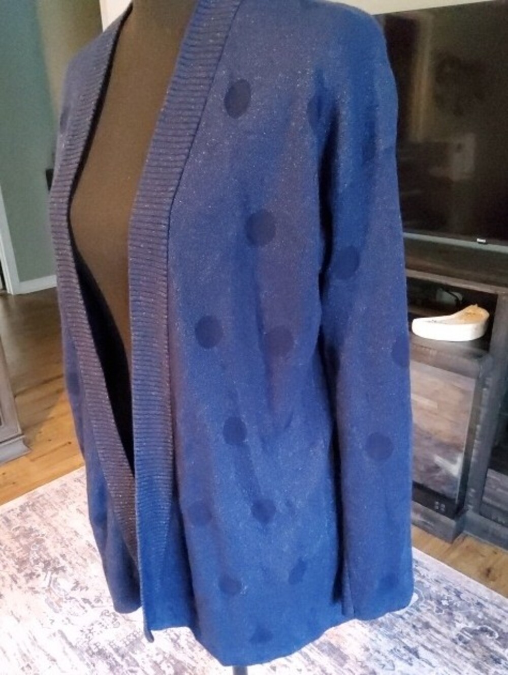 Women's Navy Open-Front Polka Dot Shimmery Cardigan Sweater XS